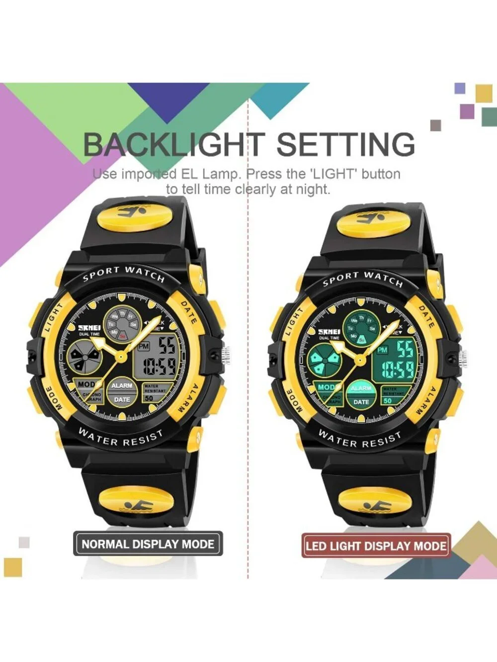 Kid's Black And Yellow Analog Quartz Multi Function Waterproof LED Digital Watch